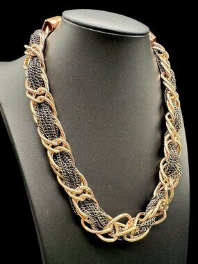Statement Necklace Chain Links Copper and Silver Tone Toggle Clasp 18 inches